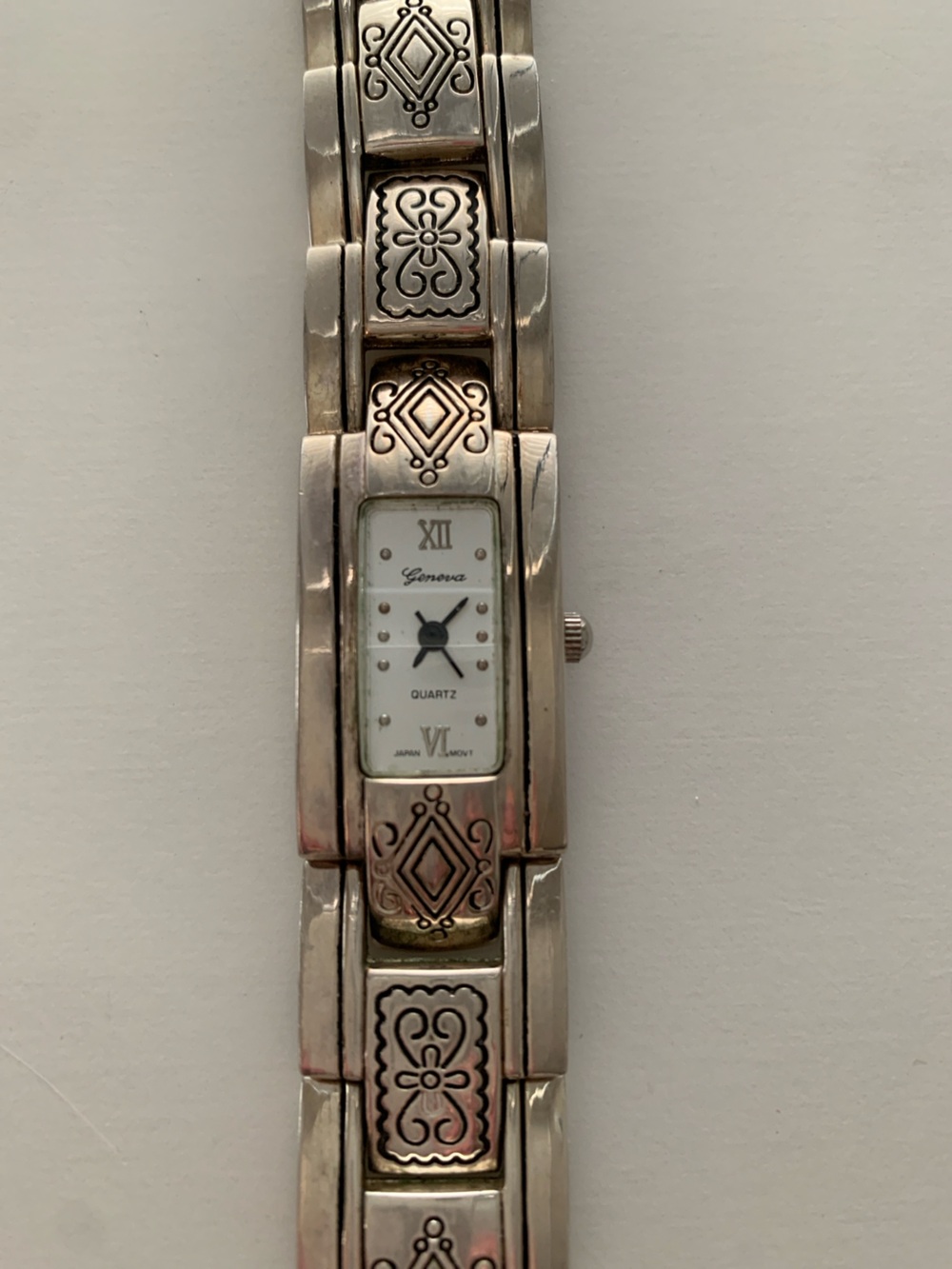 Geneva Silver-Plate Bracelet Watch - White Dial - Southwest Style Etching